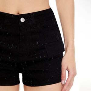Black Rhinestone Denim Cargo Shorts
